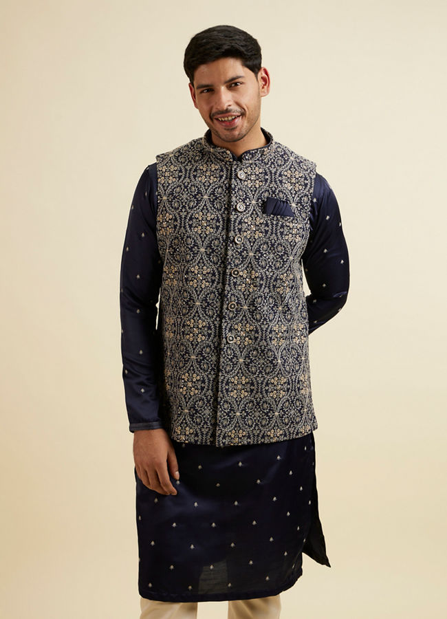 Manyavar Men Dark Blue Buta Patterned Jacket Set