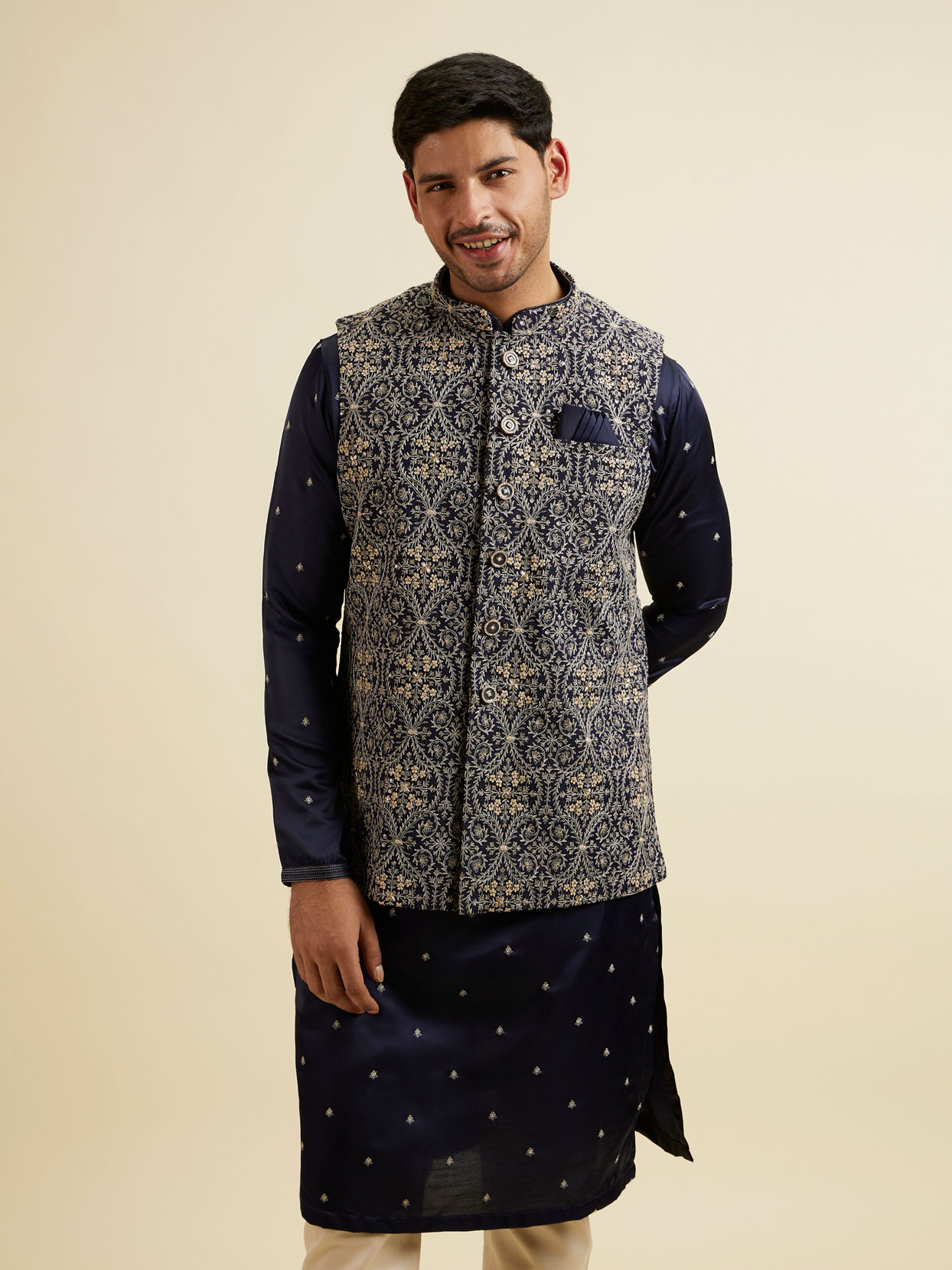 Manyavar Men Dark Blue Buta Patterned Jacket Set