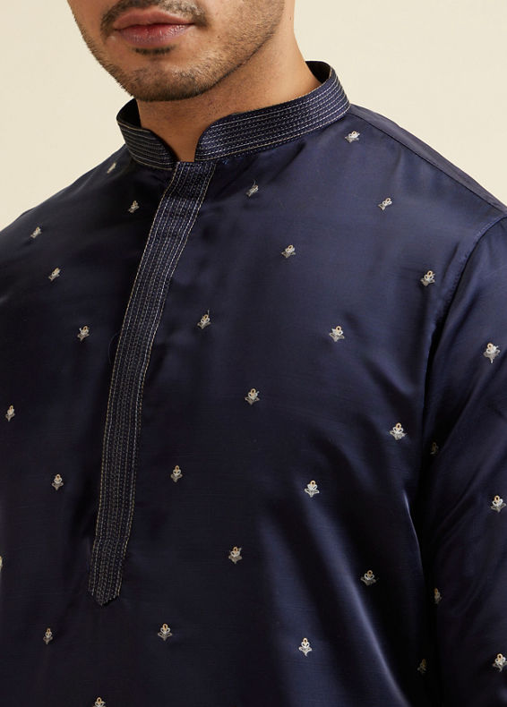 Manyavar Men Dark Blue Buta Patterned Jacket Set