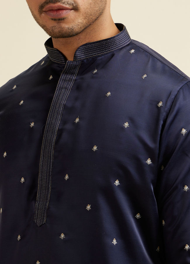 Manyavar Men Dark Blue Buta Patterned Jacket Set
