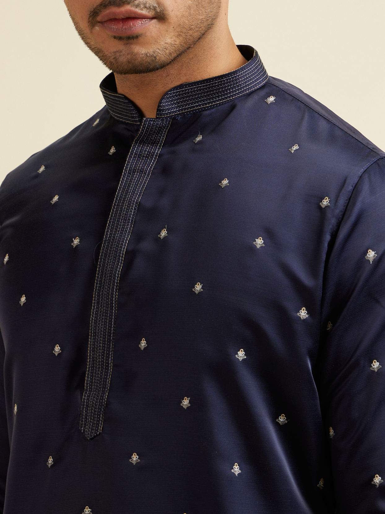 Manyavar Men Dark Blue Buta Patterned Jacket Set