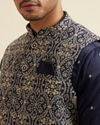 Manyavar Men Dark Blue Buta Patterned Jacket Set