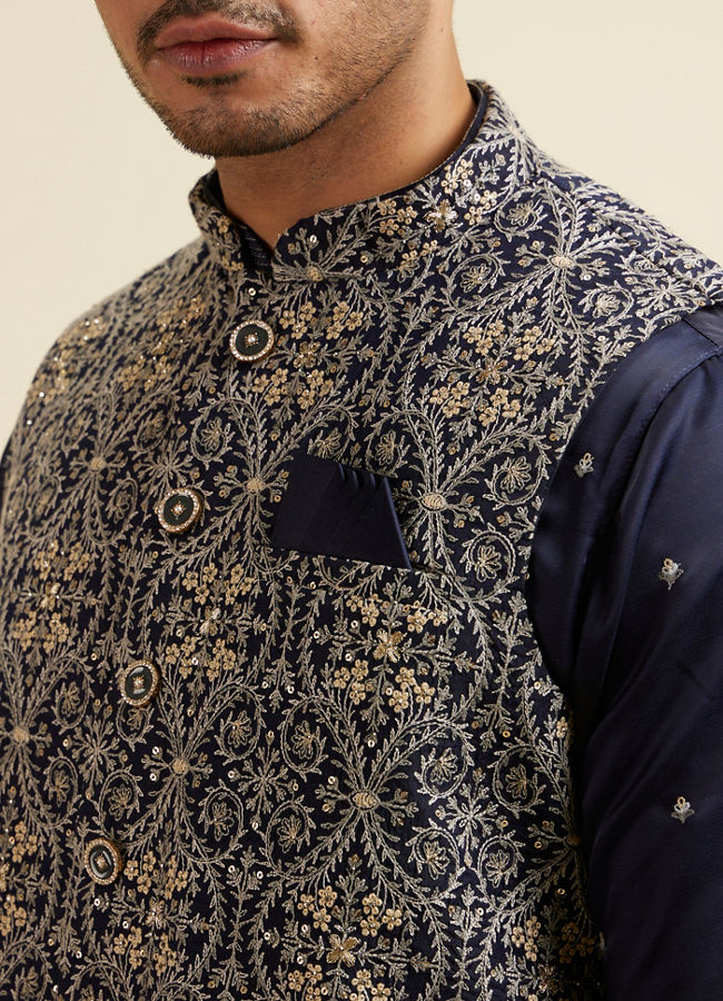 Manyavar Men Dark Blue Buta Patterned Jacket Set