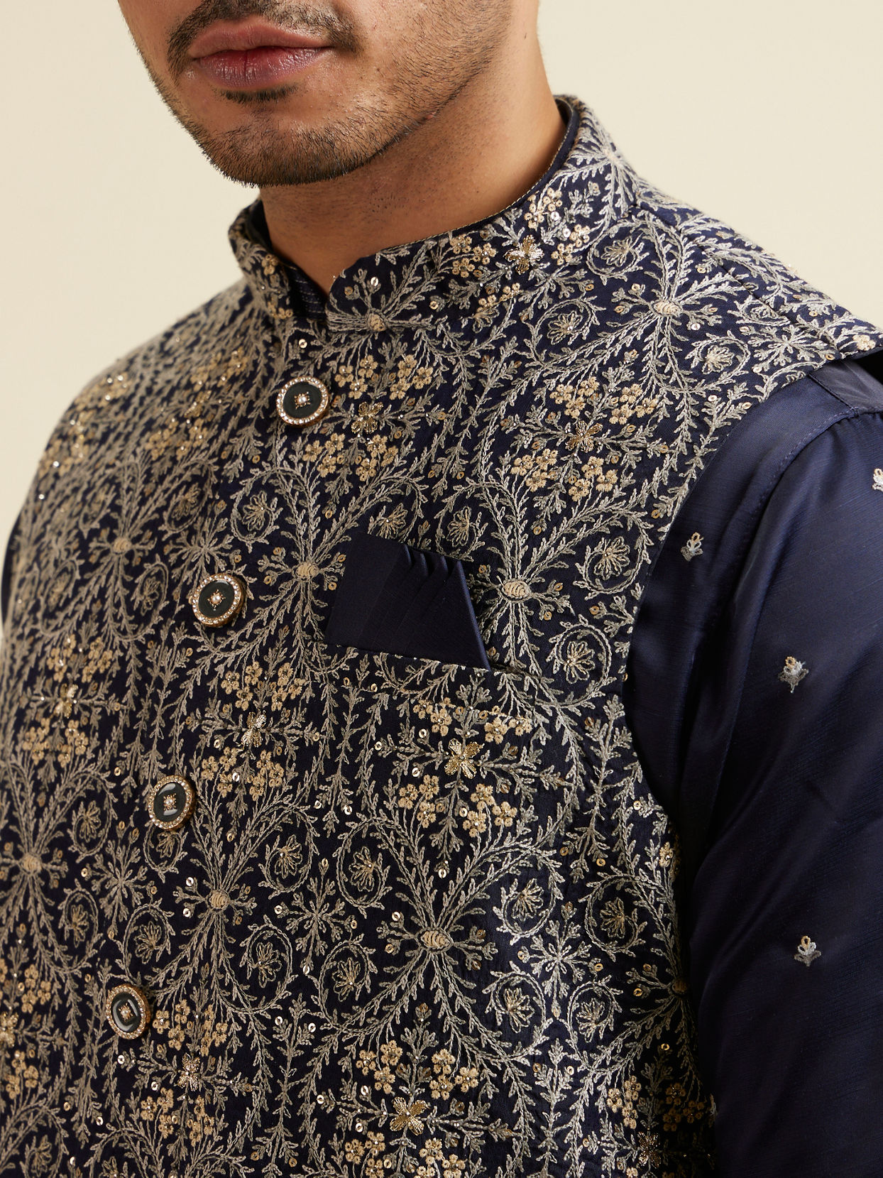 Manyavar Men Dark Blue Buta Patterned Jacket Set