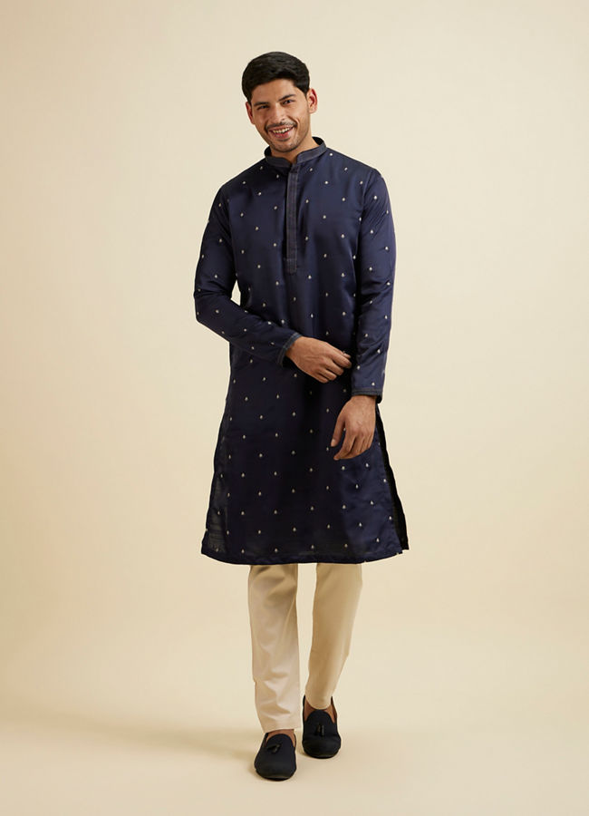 Manyavar Men Dark Blue Buta Patterned Jacket Set