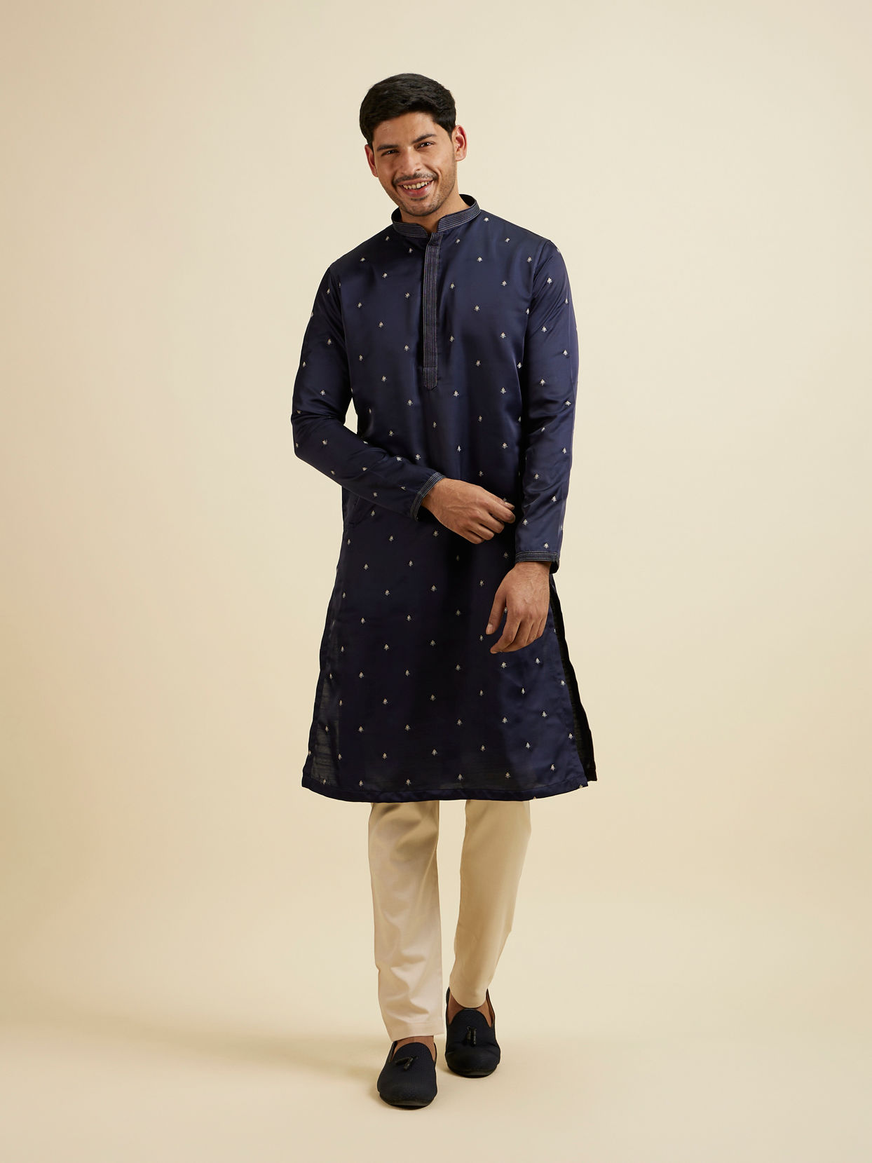 Manyavar Men Dark Blue Buta Patterned Jacket Set