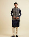 Manyavar Men Dark Blue Buta Patterned Jacket Set