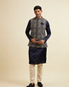 Manyavar Men Dark Blue Buta Patterned Jacket Set image number 4