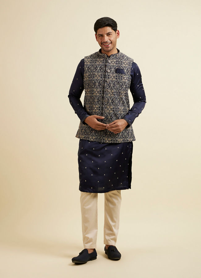Manyavar Men Dark Blue Buta Patterned Jacket Set