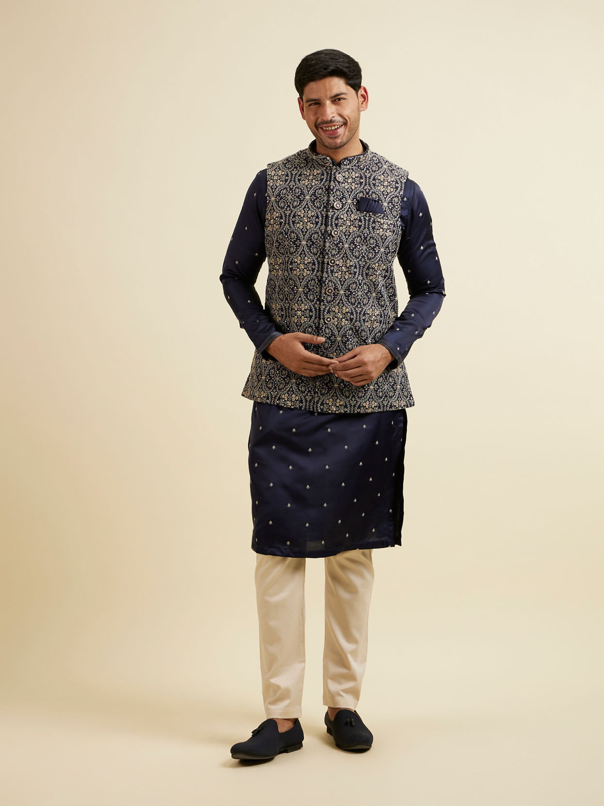 Manyavar Men Dark Blue Buta Patterned Jacket Set