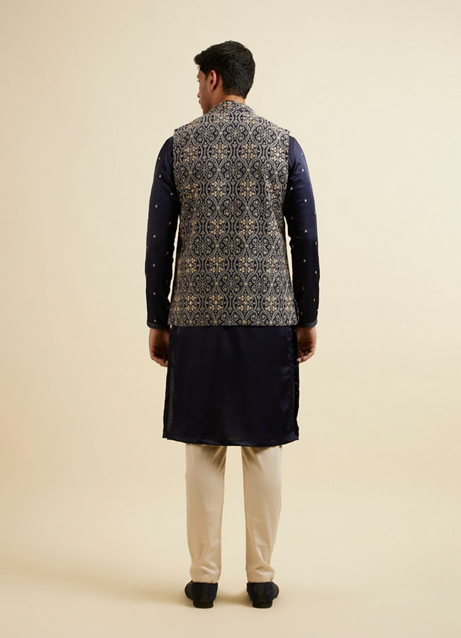 Manyavar Men Dark Blue Buta Patterned Jacket Set