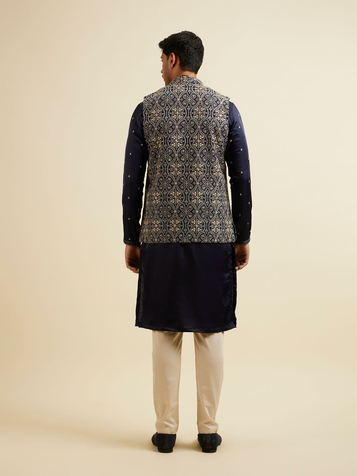 Manyavar Men Dark Blue Buta Patterned Jacket Set