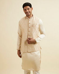 Manyavar Men Cream Beige Self Patterned Jacket Set