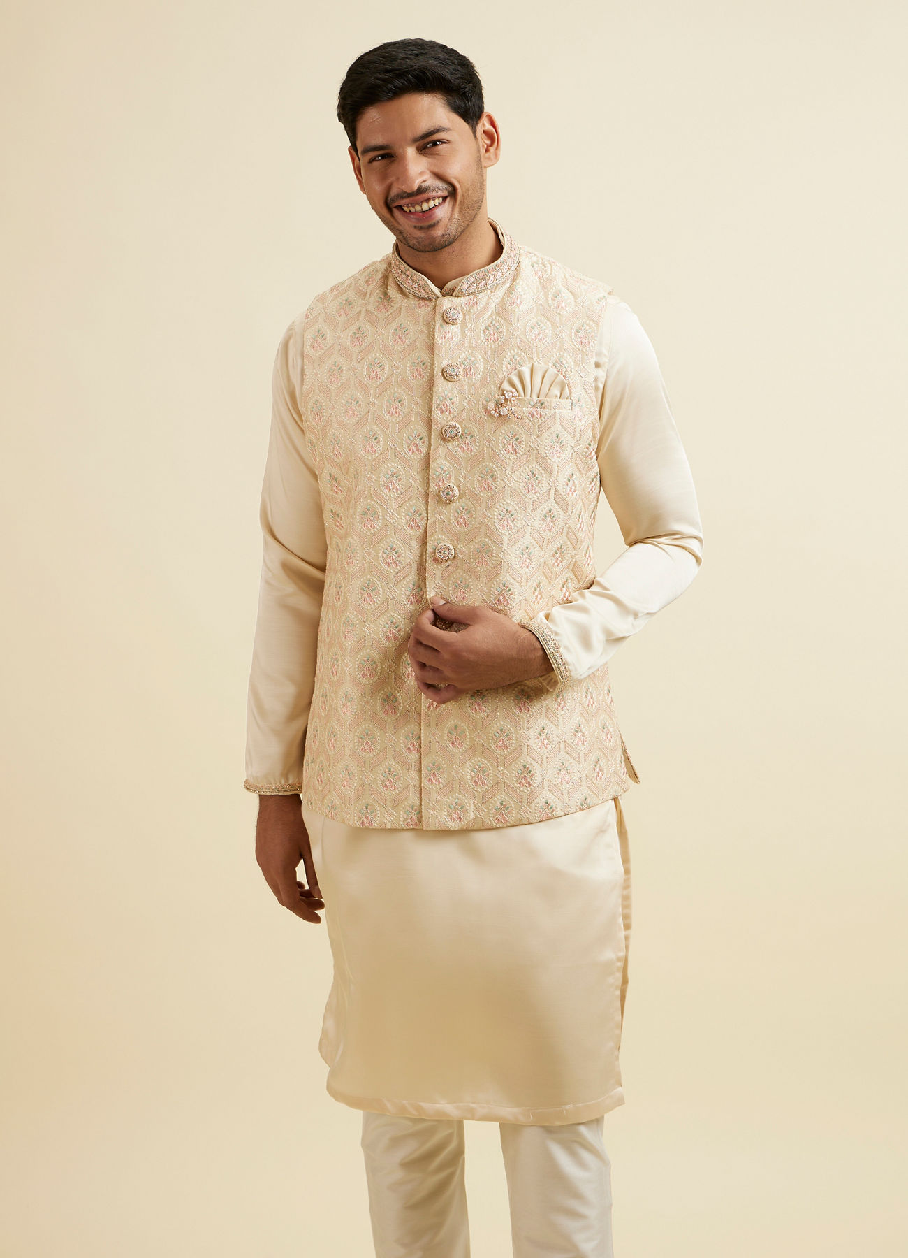 Manyavar Men Cream Beige Self Patterned Jacket Set