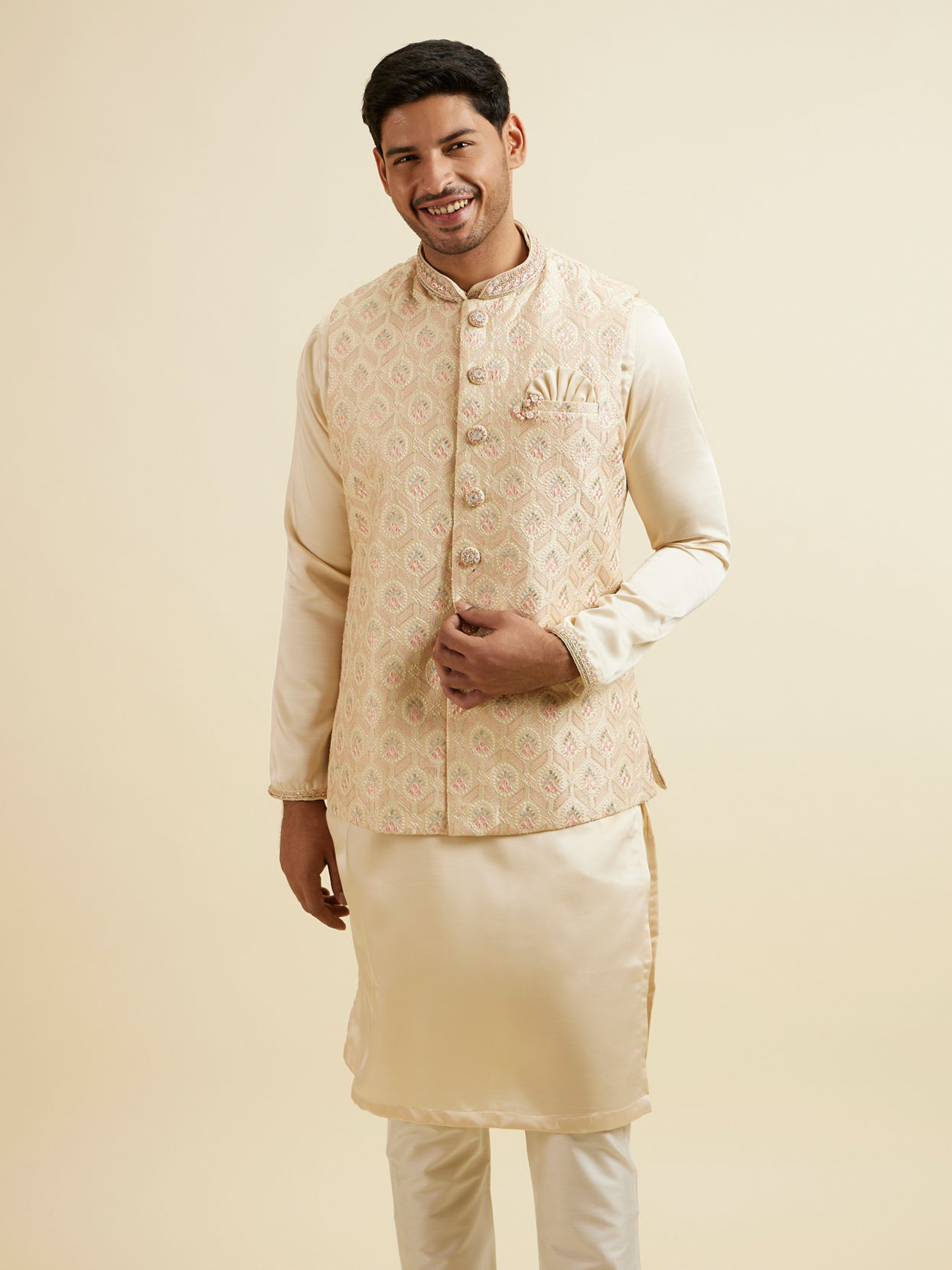 alt message - Manyavar Men Cream Beige Self Patterned Jacket Set image number 0