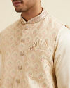 Manyavar Men Cream Beige Self Patterned Jacket Set