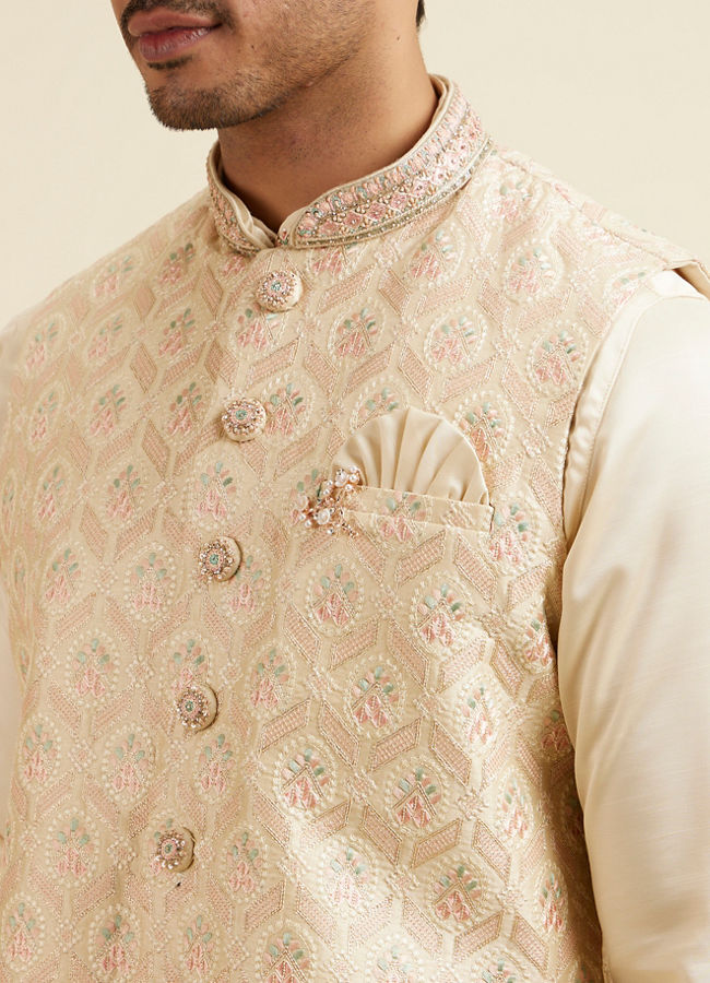 alt message - Manyavar Men Cream Beige Self Patterned Jacket Set image number 2