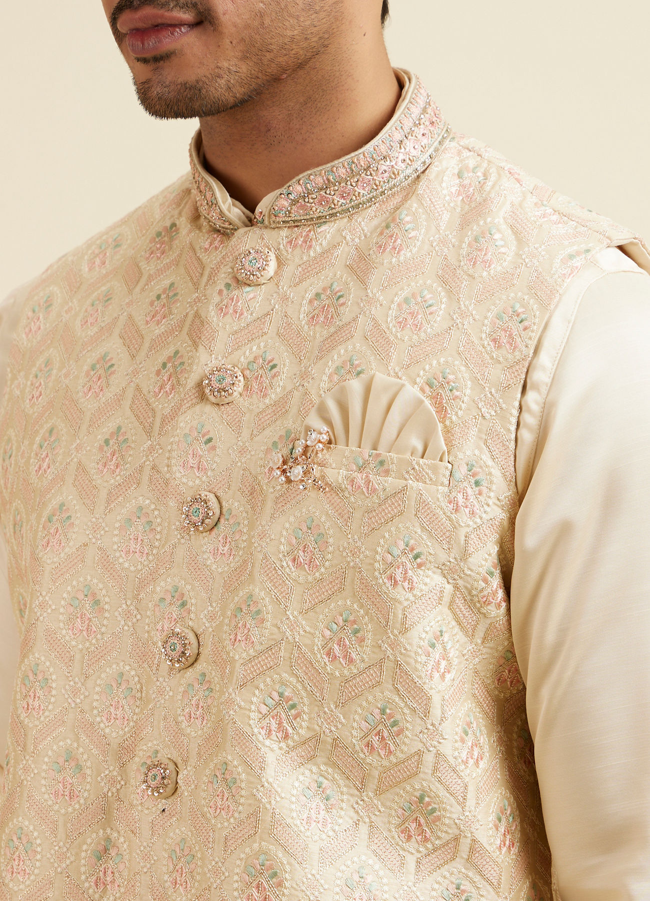 Manyavar Men Cream Beige Self Patterned Jacket Set