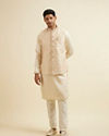 Manyavar Men Cream Beige Self Patterned Jacket Set