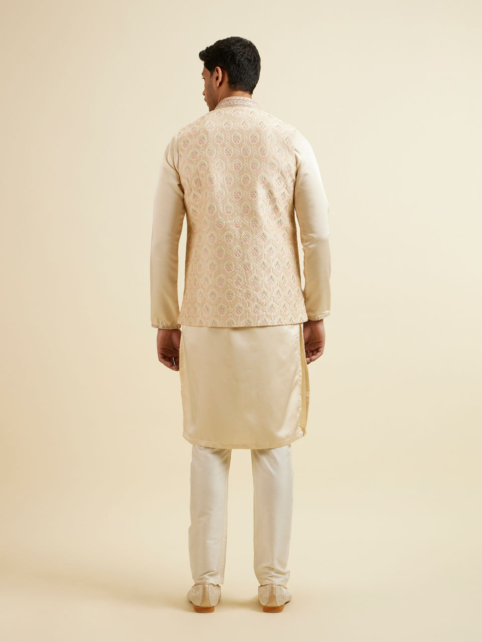 Manyavar Men Cream Beige Self Patterned Jacket Set