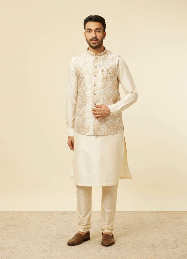 Manyavar Men Cream Floral Printed Jacket Set