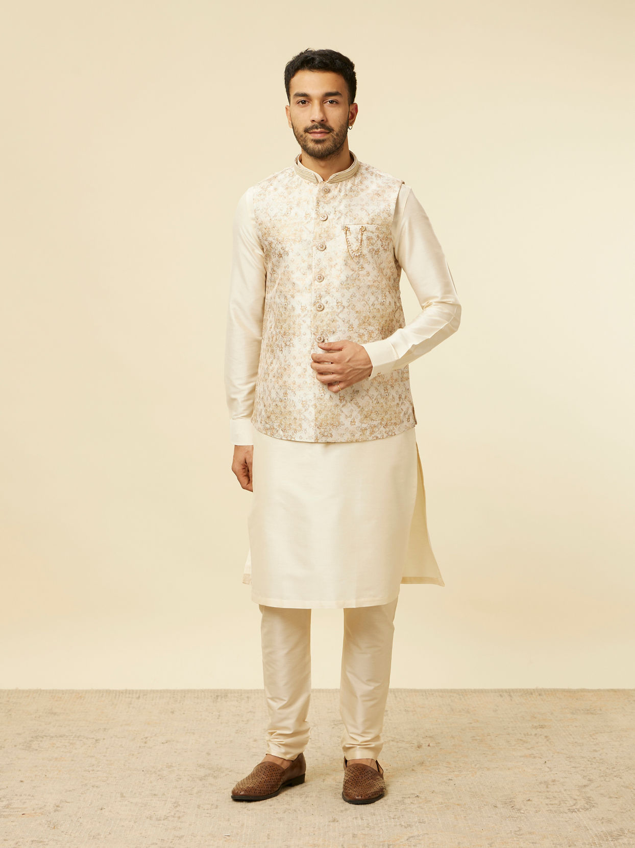 Manyavar Men Cream Floral Printed Jacket Set