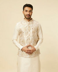 Manyavar Men Cream Floral Printed Jacket Set