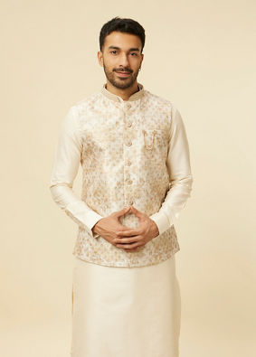 alt message - Manyavar Men Cream Floral Printed Jacket Set image number 0