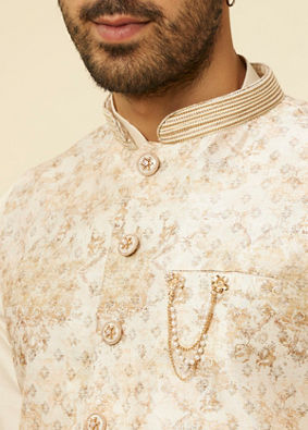 Manyavar Men Cream Floral Printed Jacket Set