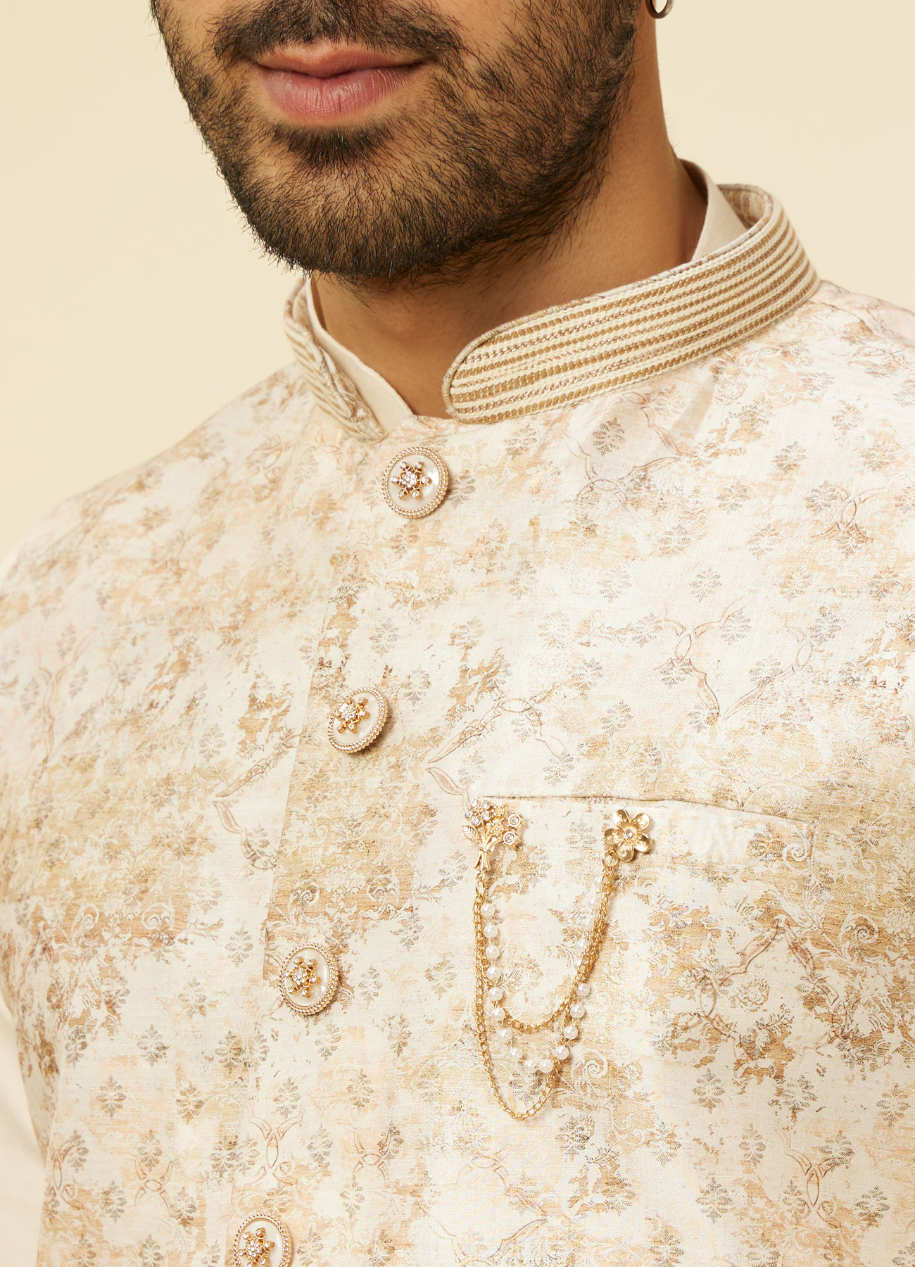 Manyavar Men Cream Floral Printed Jacket Set