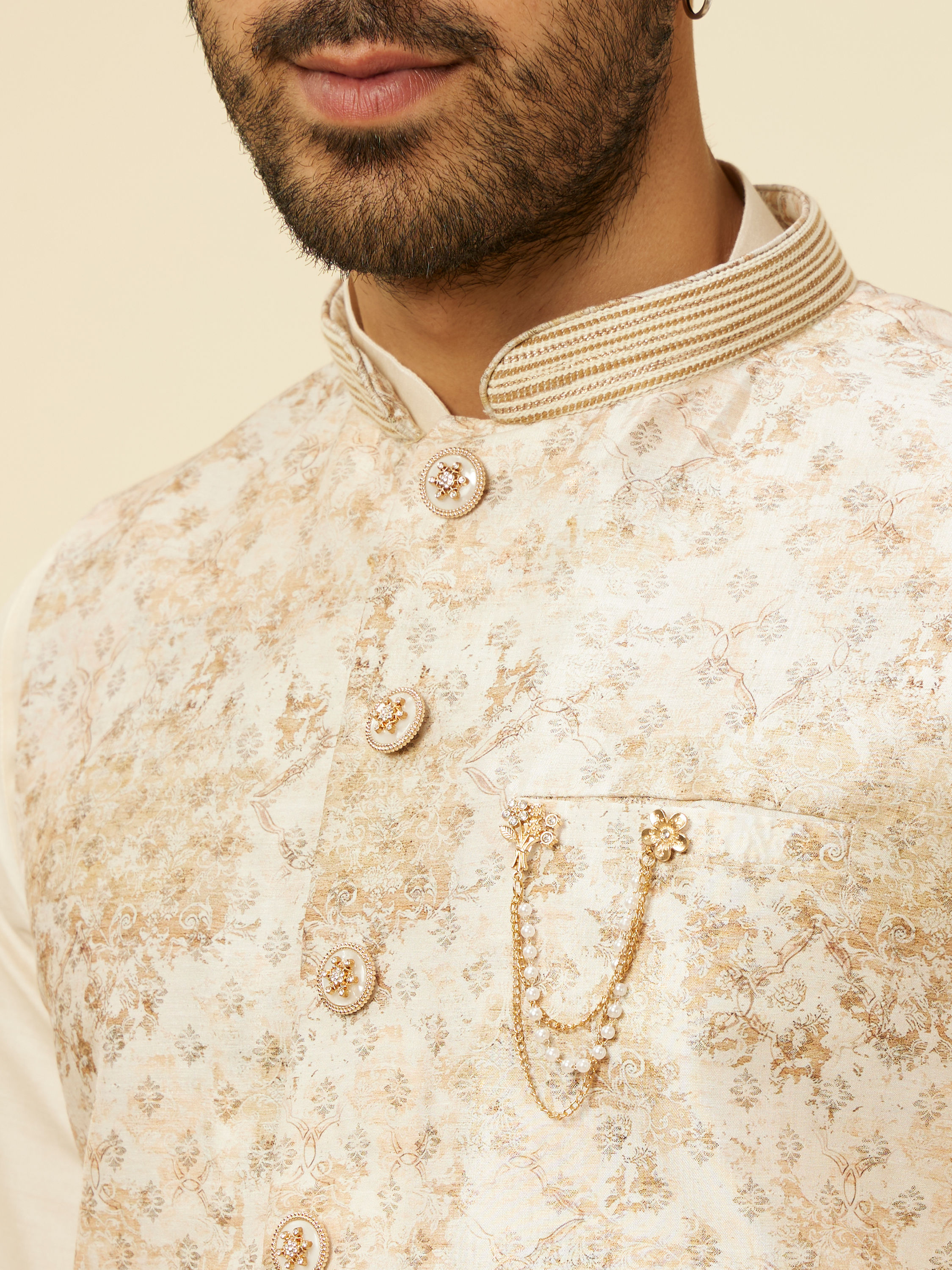 Manyavar Men Cream Floral Printed Jacket Set