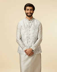 Manyavar Men Light Grey Bel Buti Patterned Jacket Set