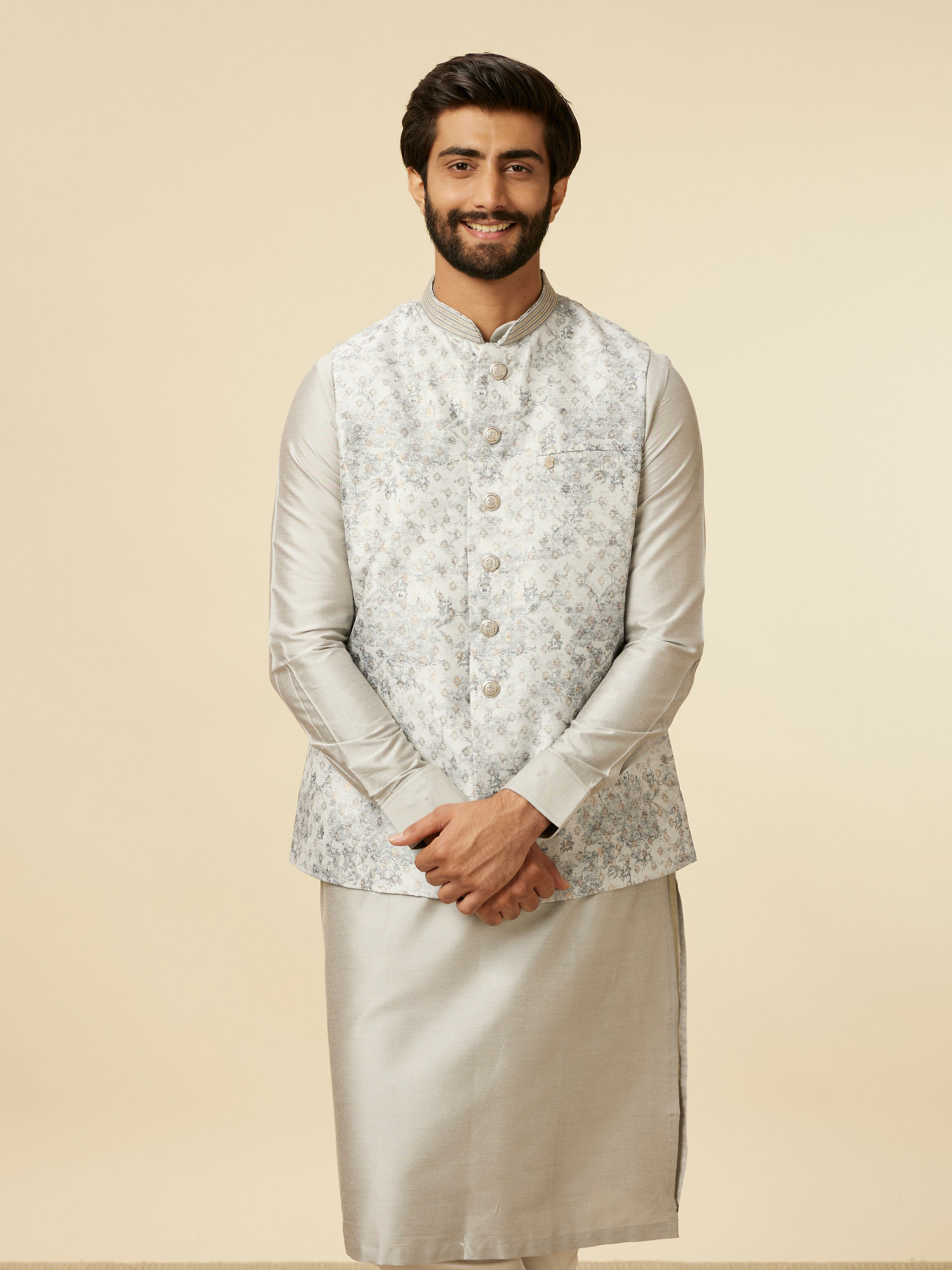 Manyavar Men Light Grey Bel Buti Patterned Jacket Set