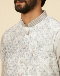 Manyavar Men Light Grey Bel Buti Patterned Jacket Set