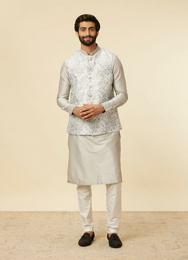 Manyavar Men Light Grey Bel Buti Patterned Jacket Set