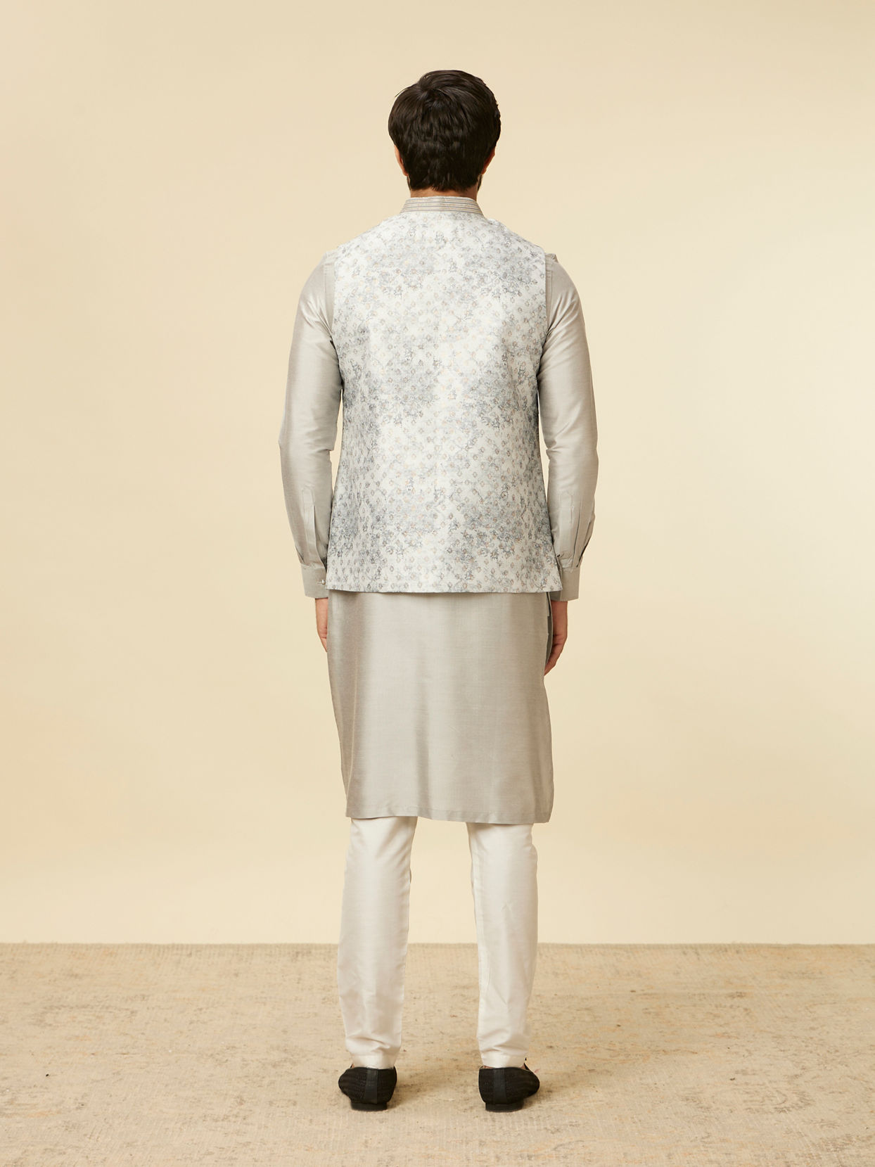 Manyavar Men Light Grey Bel Buti Patterned Jacket Set