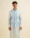 Manyavar Men Light Blue Kurta Jacket Set with Foil Print and Zari Embroidery