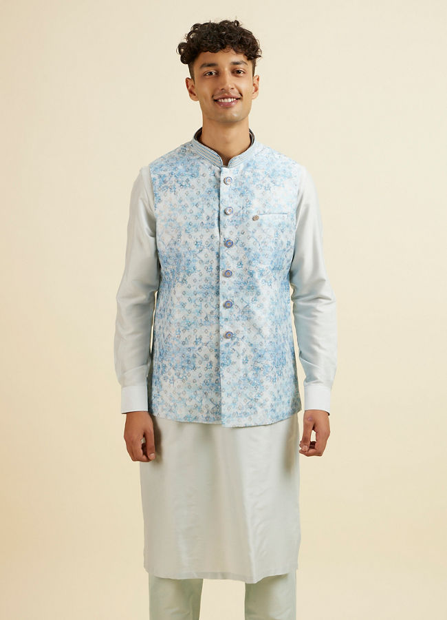 alt message - Manyavar Men Light Blue Kurta Jacket Set with Foil Print and Zari Embroidery image number 0