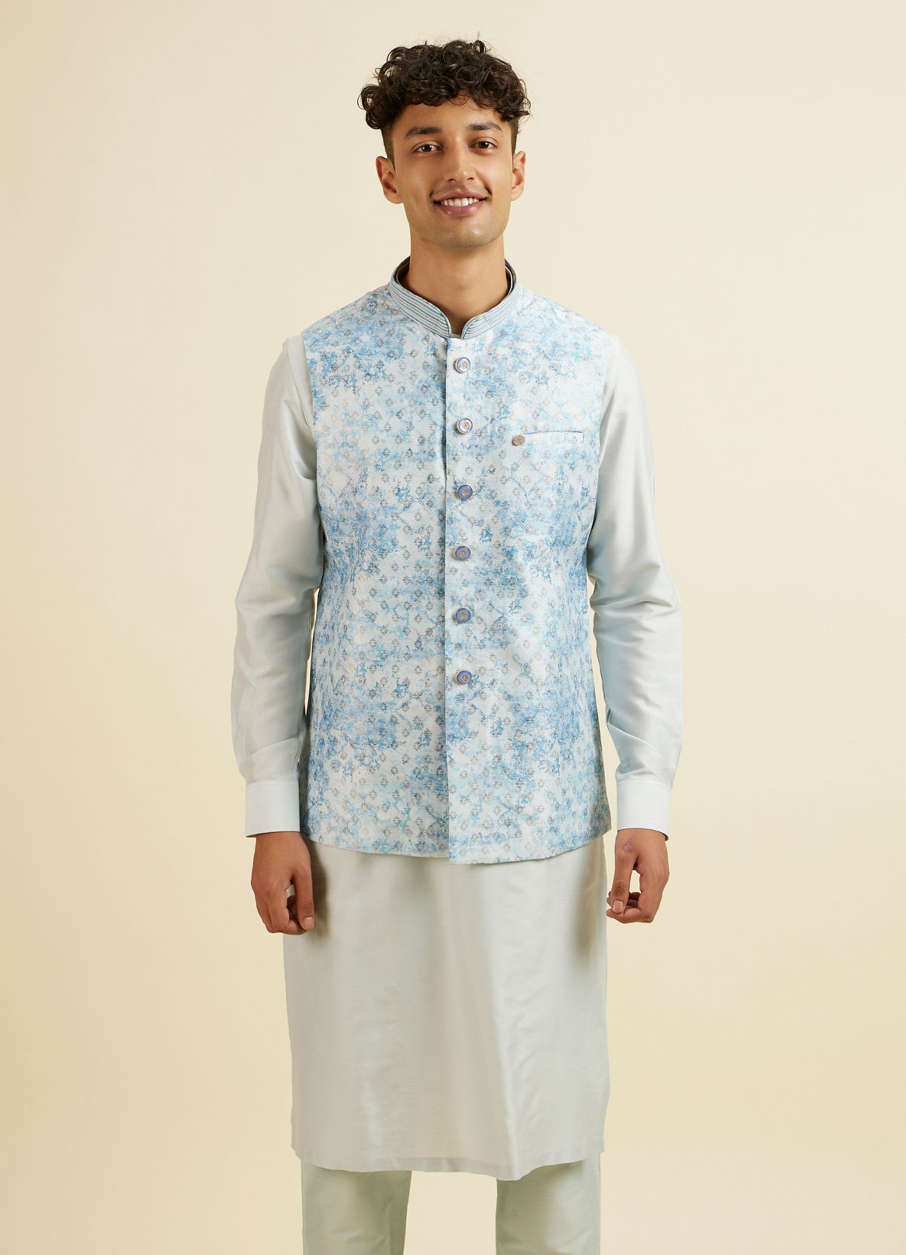 Manyavar Men Light Blue Kurta Jacket Set with Foil Print and Zari Embroidery