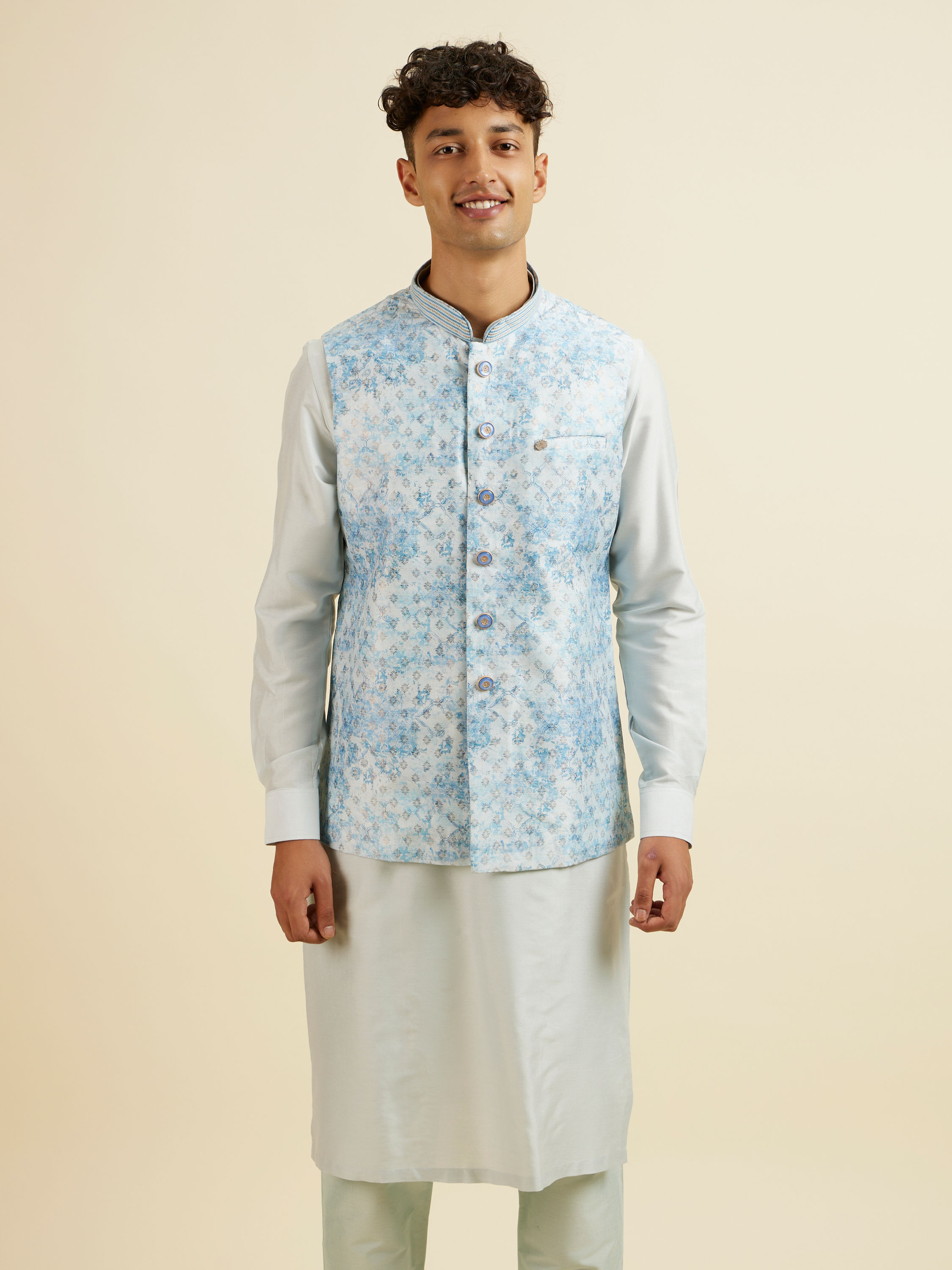 Manyavar Men Light Blue Kurta Jacket Set with Foil Print and Zari Embroidery