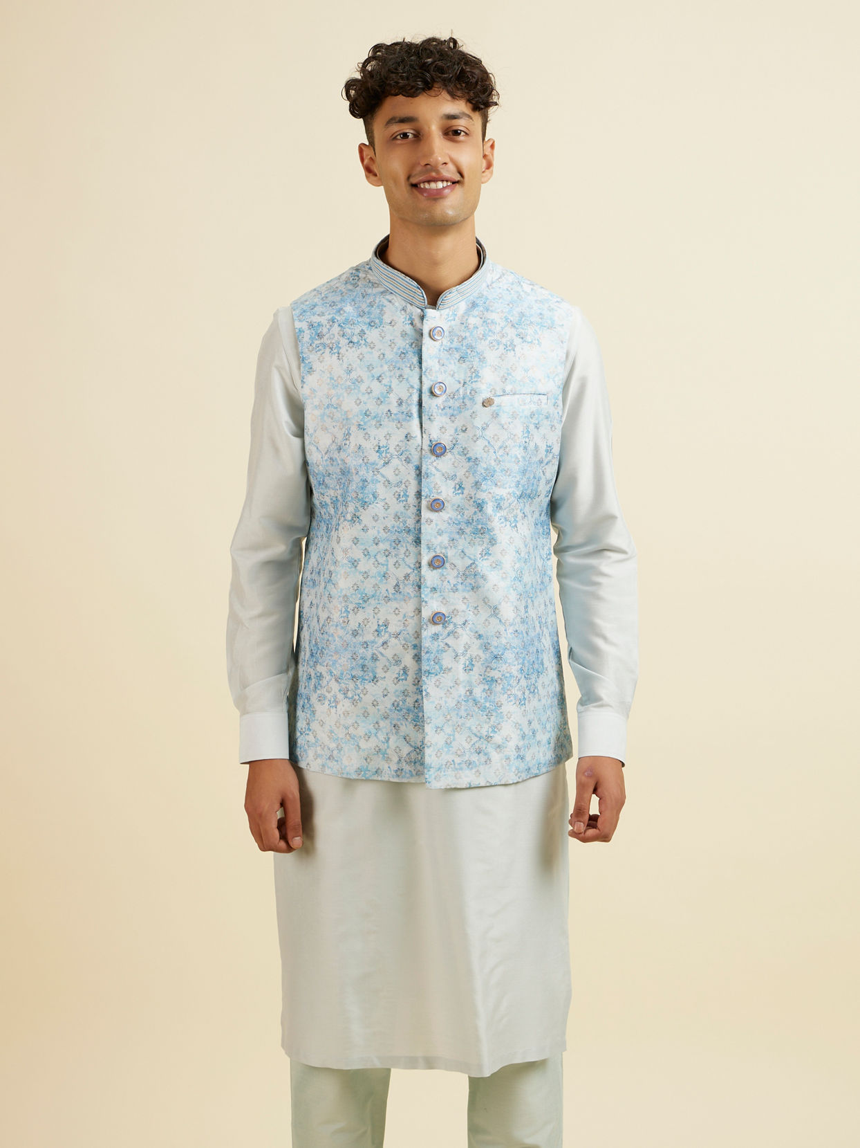 alt message - Manyavar Men Light Blue Kurta Jacket Set with Foil Print and Zari Embroidery image number 0