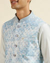 alt message - Manyavar Men Light Blue Kurta Jacket Set with Foil Print and Zari Embroidery image number 1