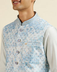 Manyavar Men Light Blue Kurta Jacket Set with Foil Print and Zari Embroidery