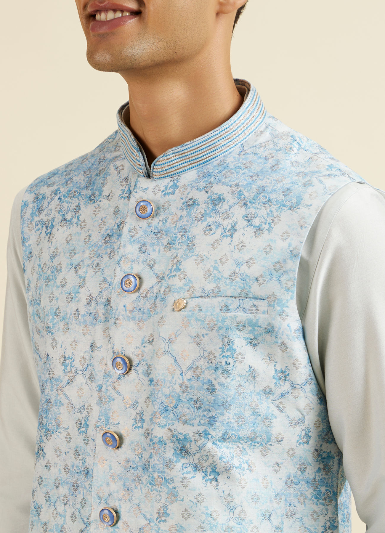 Manyavar Men Light Blue Kurta Jacket Set with Foil Print and Zari Embroidery