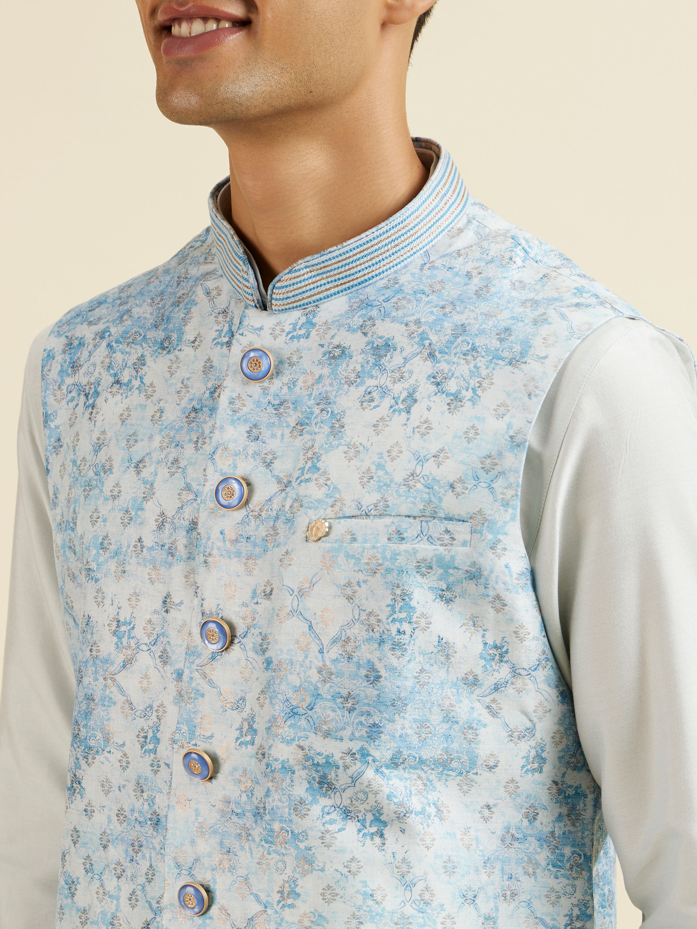 Manyavar Men Light Blue Kurta Jacket Set with Foil Print and Zari Embroidery