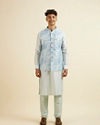 alt message - Manyavar Men Light Blue Kurta Jacket Set with Foil Print and Zari Embroidery image number 3