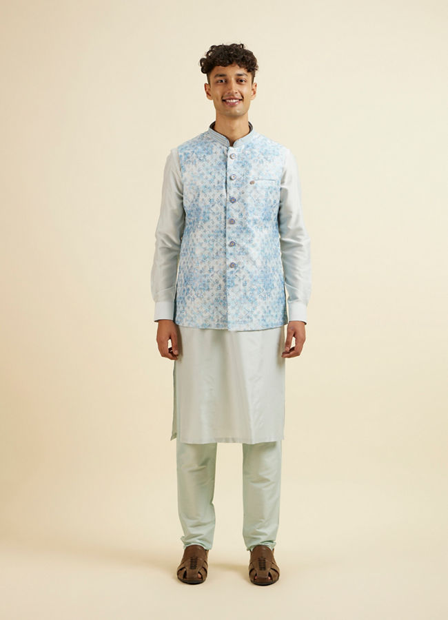 alt message - Manyavar Men Light Blue Kurta Jacket Set with Foil Print and Zari Embroidery image number 3