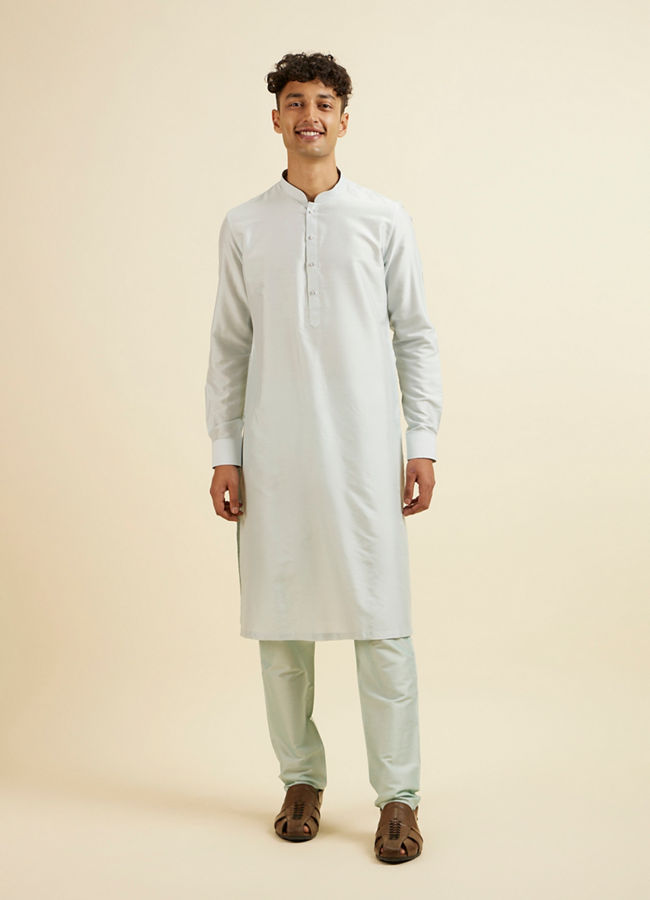 alt message - Manyavar Men Light Blue Kurta Jacket Set with Foil Print and Zari Embroidery image number 4