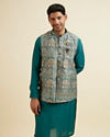 Manyavar Men Teal Green Self Print Kurta Jacket Set
