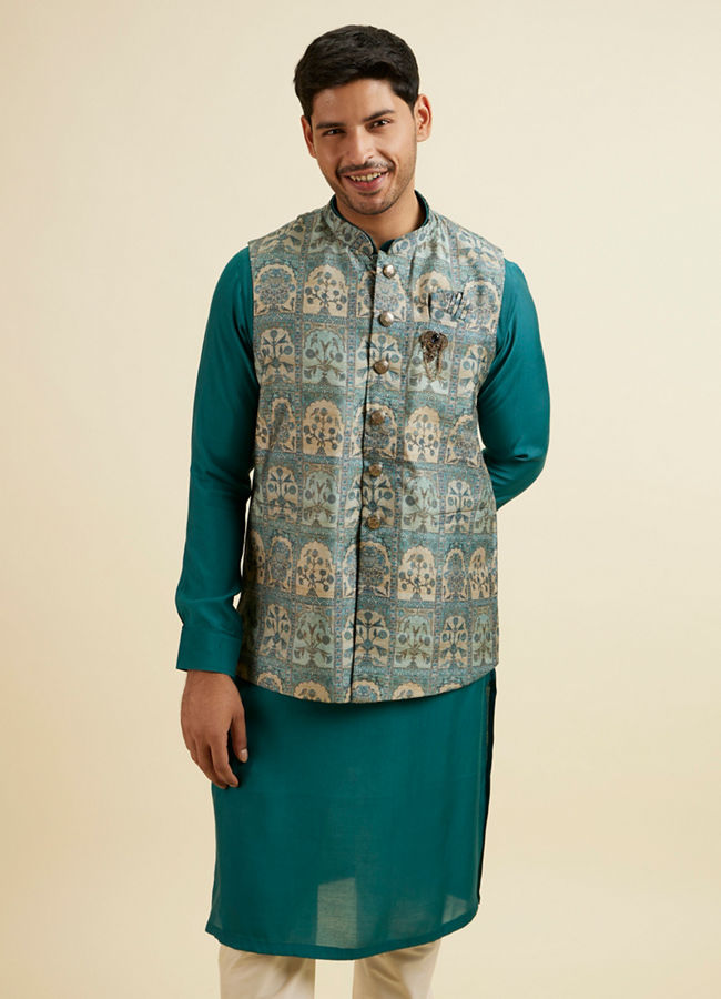 Manyavar Men Teal Green Self Print Kurta Jacket Set